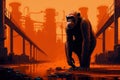 A monkey stands in front of chemicals above the factory. Generative AI