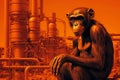 A monkey stands in front of chemicals above the factory. Generative AI