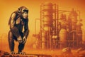 A monkey stands in front of chemicals above the factory. Generative AI