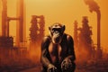 A monkey stands in front of chemicals above the factory. Generative AI