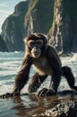 Young Monkey Playing on Rocky Beach near Cliffs Royalty Free Stock Photo