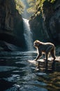 Serene Monkey by Waterfall in Lush Forest Royalty Free Stock Photo