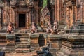 Monkey statues Banteay Srei hindu pink temple cambodia Royalty Free Stock Photo