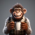 Realistic And Joyful Animated Monkey Holding Coffee Cup