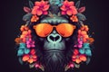 Monkey sunglasses flowers. Generate Ai