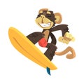 Monkey in Swimming Trunks on Surfboard Riding Wave Doing Sport Vector Illustration