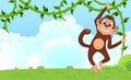 Monkey swinging on vines cartoon in a garden for your design