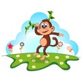 Monkey swinging on vines cartoon in a garden for your design