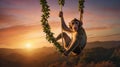 Cute Monkey Swinging on Jungle Vine with a Stunning Sunset View Royalty Free Stock Photo