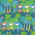 Monkey toucan jungle tropical seamless pattern