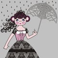 Monkey with umbrella diamond in retro style (1950th year). Autumn rain before winter. Chinese zodiac. 2016