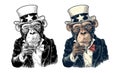 Monkey Uncle Sam with pointing finger at viewer. Vintage engraving Royalty Free Stock Photo