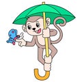 The monkey uses the skydiving parachute to fly, doodle icon image kawaii Royalty Free Stock Photo