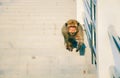 A monkey is walking down the stairs . Royalty Free Stock Photo
