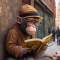 a monkey wearing reading glasses, hat and clothes, is on an urban street, sitting reading a book