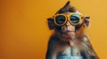 A monkey wearing yellow sunglasses is looking at the camera with a serious expression. The monkey is wearing a blue vest. The Royalty Free Stock Photo