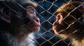 monkey in zoo or laboratory in cage. abe behind bars Royalty Free Stock Photo