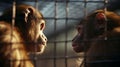 monkey in zoo or laboratory in cage. abe behind bars Royalty Free Stock Photo