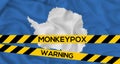 Monkeypox in Antarctica, Antarctica Flag with fencing tape with the words warning and monkeypox, Monkeypox infection pandemic