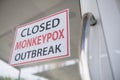 Monkeypox outbreak concept. text message paper Attached behind glass to closed service during the monkeypox virus outbreak