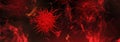 Monkeypox virus cells outbreak wide medical banner. Monkeypox virus cells on dark sciense background.