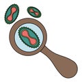 Monkeypox virus. Observe a living organism through a magnifying glass. Color vector illustration. Dangerous disease.