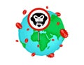 Monkeypox virus world alert attack concept. Monkey pox infection disease outbreak caution red sign on Earth planet