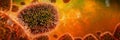 Monkeypox viruses, contagious microscopic pathogen closeup, infectious zoonotic disease, background banner format with empty space