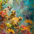 Monkeys amid vibrant flora, playful, wide angle, soft diffused light, painting with digital smoothness , high-resolution Royalty Free Stock Photo