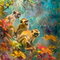 Monkeys amid vibrant flora, playful, wide angle, soft diffused light, painting with digital smoothness , high-resolution