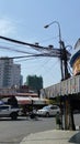 Monkeys cross street on high power lines