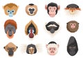 Monkeys heads. Different breeds primates portraits, funny exotic animals, chimpanzee, orangutan, gorilla and mandrill Royalty Free Stock Photo