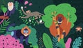 Monkeys in jungle. Funny cartoon animal characters in colorful tropical forest. Exotic primates different breeds