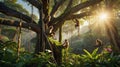 Monkeys Relaxing in Lush Rainforest Canopy: A Glimpse into the Primate\'s Paradise with Sunbeam Royalty Free Stock Photo
