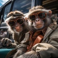 monkeys portrait with sunglasses, Funny animals in a group together looking at the camera, wearing clothes, having fun