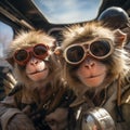 monkeys portrait with sunglasses, Funny animals in a group together looking at the camera, wearing clothes, having fun