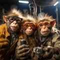 monkeys portrait with sunglasses, Funny animals in a group together looking at the camera, wearing clothes, having fun