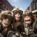 monkeys portrait with sunglasses, Funny animals in a group together looking at the camera, wearing clothes, having fun