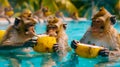 Monkeys Relaxing in Pool with Coconuts. Generative ai