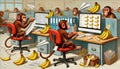 Monkeys sit at desks in an office setting creating bananas Royalty Free Stock Photo