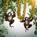 Monkeys swinging from vines while holding \