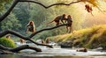Monkeys on trees above stream Royalty Free Stock Photo