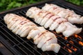 monkfish tail fillets with barbecue marks on a grill