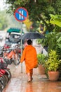 Monks on a city street in Louangphabang, Laos. Copy space for text. Vertical.