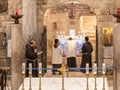 Monks lead general Sunday afternoon prayer at main altar of Church of the Annunciation in the Nazareth city in northern Israel Royalty Free Stock Photo