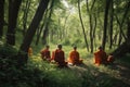 monks meditating in the forest, surrounded by nature