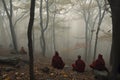 monks meditating in misty forest, with tree tops visible