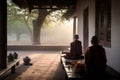 monks meditating in quiet courtyard, with view of the sunrise