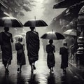 Monks and novices were walking with umbrellas on the street while it was raining with AI generated