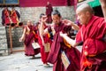 The monks perform religious buddhistic dance during the Mani Rimdu festival in Tengboche